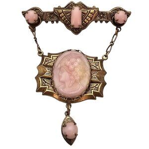 Pink Molded Glass Cameo Dangle Brooch Victorian Style Vintage Pin C693